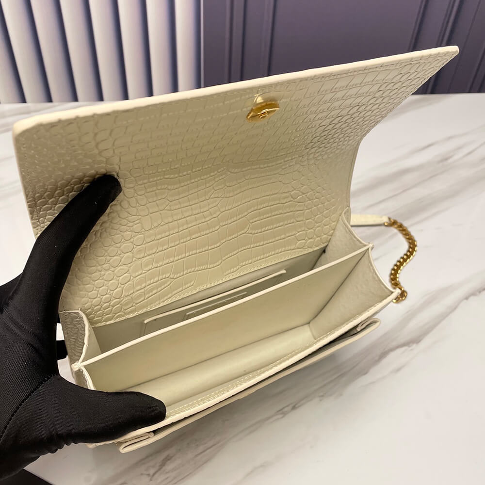 SUNSET MEDIUM CHAIN BAG IN CROCODILE-EMBOSSED SHINY LEATHER