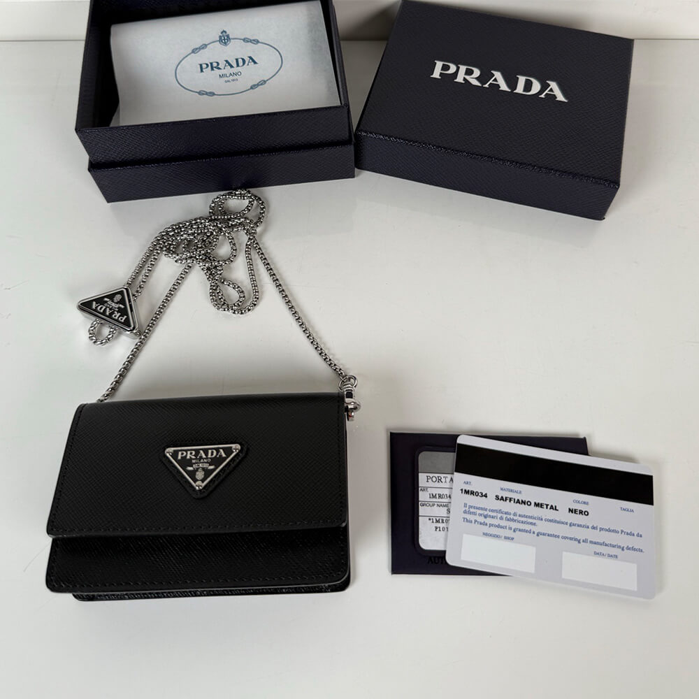 Pra*a Saffiano leather card holder with shoulder strap(HIGH-END GRADE)