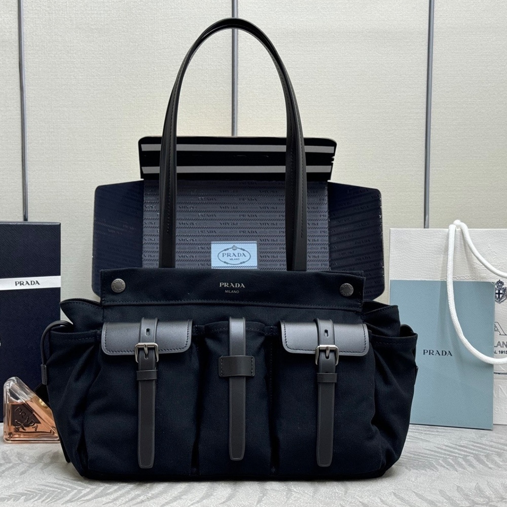 Pra*a Route large canvas and leather tote bag(HIGH-END GRADE)