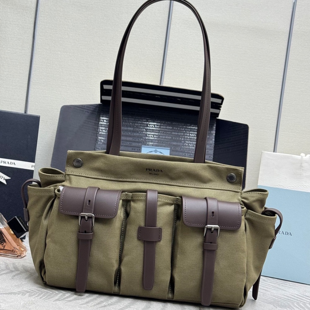Pra*a Route large canvas and leather tote bag(HIGH-END GRADE)
